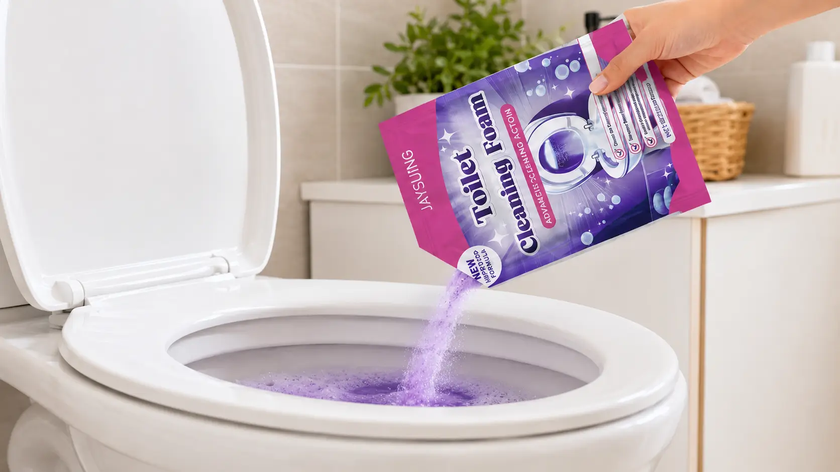 FlushCleanse foam being poured into a toilet bowl